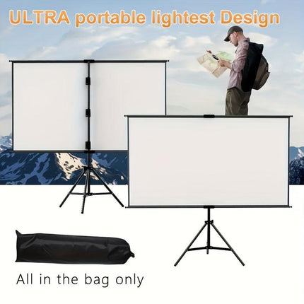 72in Portable and mobile projection screen with tripod stand, 16:9 HD format, suitable for home theater and indoor wall mounting. Made of polyester fabric, easy to set up and use. Ideal for office presentations and home entertainment, ready to use right o.