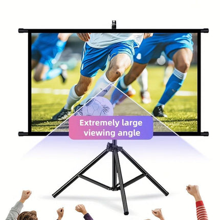 72in Portable and mobile projection screen with tripod stand, 16:9 HD format, suitable for home theater and indoor wall mounting. Made of polyester fabric, easy to set up and use. Ideal for office presentations and home entertainment, ready to use right o.