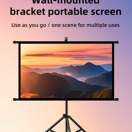 84inPortable and mobile projection screen with tripod stand, 16:9 HD format, suitable for home theater and indoor wall mounting. Made of polyester fabric, easy to set up and use. Ideal for office presentations and home entertainment, ready to use right ou.