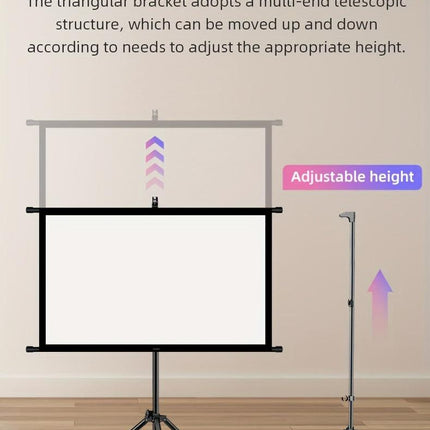 100in Portable and mobile projection screen with tripod stand, 16:9 HD format, suitable for home theater and indoor wall mounting. Made of polyester fabric, easy to set up and use. Ideal for office presentations and home entertainment, ready to use right.