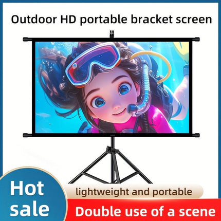 100in Portable and mobile projection screen with tripod stand, 16:9 HD format, suitable for home theater and indoor wall mounting. Made of polyester fabric, easy to set up and use. Ideal for office presentations and home entertainment, ready to use right.