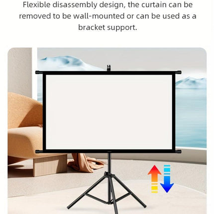 100in Portable and mobile projection screen with tripod stand, 16:9 HD format, suitable for home theater and indoor wall mounting. Made of polyester fabric, easy to set up and use. Ideal for office presentations and home entertainment, ready to use right.
