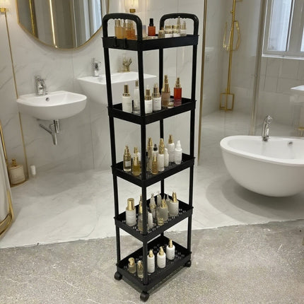 Five-Tier Rolling Cosmetics Storage Rack - Made of durable plastic, equipped with 360-degree swivel casters, strong load-bearing capacity - Suitable for bathroom, bedroom, kitchen, and home storage | BLACK.
