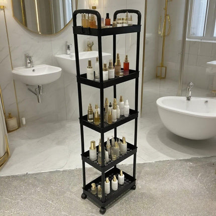 Five-Tier Rolling Cosmetics Storage Rack - Made of durable plastic, equipped with 360-degree swivel casters, strong load-bearing capacity - Suitable for bathroom, bedroom, kitchen, and home storage | BLACK.