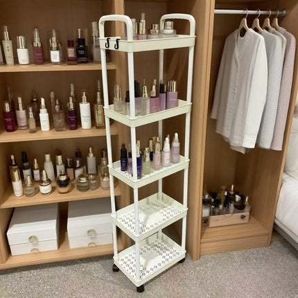 Five-Tier Rolling Cosmetics Storage Rack - Made of durable plastic, equipped with 360-degree swivel casters, strong load-bearing capacity - Suitable for bathroom, bedroom, kitchen, and home storage | BLACK.