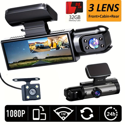 Super Memory Triple Cam Dash Cam! 32GB storage + 1080P HD triple lens, 170° panoramic coverage of front, cabin, and rear, 24/7 protection for your safe journey..