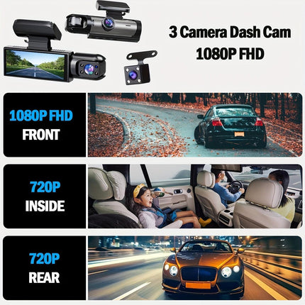 Super Memory Triple Cam Dash Cam! 32GB storage + 1080P HD triple lens, 170° panoramic coverage of front, cabin, and rear, 24/7 protection for your safe journey..