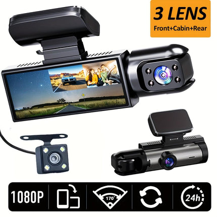 Super Memory Triple Cam Dash Cam! 32GB storage + 1080P HD triple lens, 170° panoramic coverage of front, cabin, and rear, 24/7 protection for your safe journey..