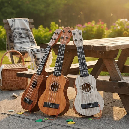 Acacia wood 17-inch Playable Ukulele Mini Guitar, lightweight and portable. Features comfortable nylon strings, includes a pick, and has open-style tuning pegs for precise tuning. Suitable for beginners and music enthusiasts, a popular gift choice for hol.