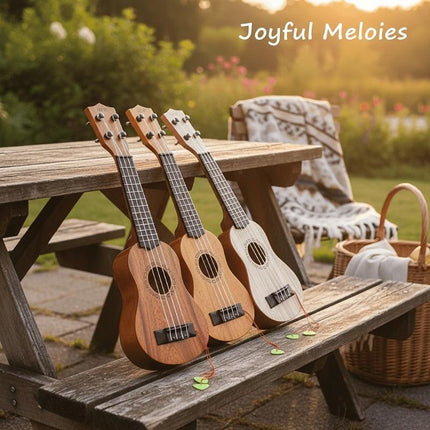 Acacia wood 17-inch Playable Ukulele Mini Guitar, lightweight and portable. Features comfortable nylon strings, includes a pick, and has open-style tuning pegs for precise tuning. Suitable for beginners and music enthusiasts, a popular gift choice for hol.