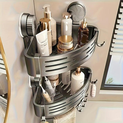 Space-Saving Suction Cup Bathroom Storage Rack | No Drilling Required, Strong Triangular Storage Shelf with Hooks, Suitable for Shower and Bathroom Walls/Tiles, Multi-Functional Organizer, All-Season Use, Bathroom Organization, Bathroom Accessories.