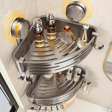 Space-Saving Suction Cup Bathroom Storage Rack | No Drilling Required, Strong Triangular Storage Shelf with Hooks, Suitable for Shower and Bathroom Walls/Tiles, Multi-Functional Organizer, All-Season Use, Bathroom Organization, Bathroom Accessories.