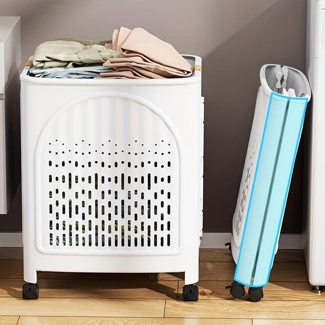 A wheeled foldable plastic laundry basket, suitable for dirty clothes and easy to move. It features a breathable design for convenience and practicality..