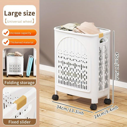 A wheeled foldable plastic laundry basket, suitable for dirty clothes and easy to move. It features a breathable design for convenience and practicality..