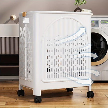 A wheeled foldable plastic laundry basket, suitable for dirty clothes and easy to move. It features a breathable design for convenience and practicality..