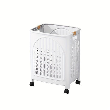 A wheeled foldable plastic laundry basket, suitable for dirty clothes and easy to move. It features a breathable design for convenience and practicality..