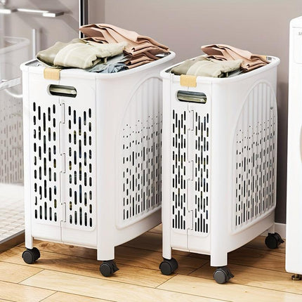 A wheeled foldable plastic laundry basket, suitable for dirty clothes and easy to move. It features a breathable design for convenience and practicality..