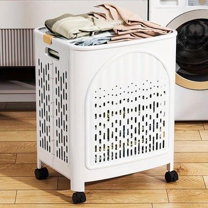 A wheeled foldable plastic laundry basket, suitable for dirty clothes and easy to move. It features a breathable design for convenience and practicality..