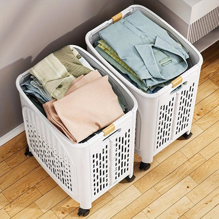 A wheeled foldable plastic laundry basket, suitable for dirty clothes and easy to move. It features a breathable design for convenience and practicality..