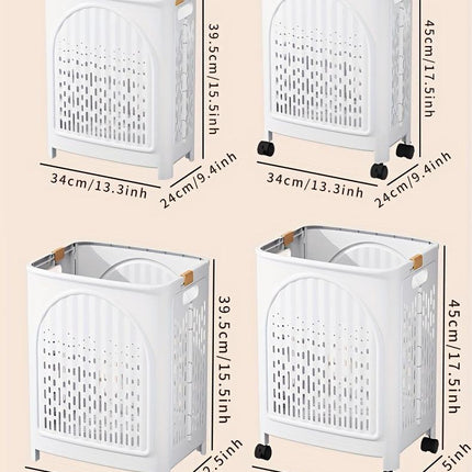 A wheeled foldable plastic laundry basket, suitable for dirty clothes and easy to move. It features a breathable design for convenience and practicality..