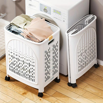 A wheeled foldable plastic laundry basket, suitable for dirty clothes and easy to move. It features a breathable design for convenience and practicality..