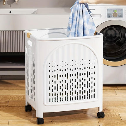A wheeled foldable plastic laundry basket, suitable for dirty clothes and easy to move. It features a breathable design for convenience and practicality..