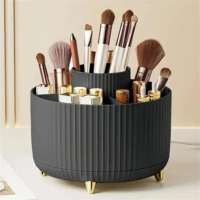 360° Rotating Multi-Compartment Makeup Brush Holder: Luxurious Vertical Texture with Golden Feet Design, Scientifically Organized Storage, One Cylinder to Tidy Your Vanity Table.(Black).
