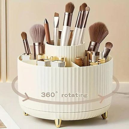 360° Rotating Multi-Compartment Makeup Brush Holder: Luxurious Vertical Texture with Golden Feet Design, Scientifically Organized Storage, One Cylinder to Tidy Your Vanity Table..