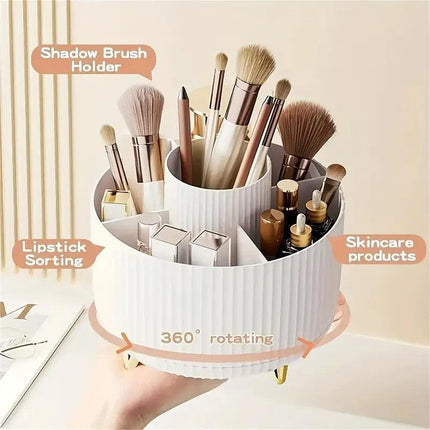 360° Rotating Multi-Compartment Makeup Brush Holder: Luxurious Vertical Texture with Golden Feet Design, Scientifically Organized Storage, One Cylinder to Tidy Your Vanity Table..