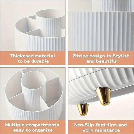 360° Rotating Multi-Compartment Makeup Brush Holder: Luxurious Vertical Texture with Golden Feet Design, Scientifically Organized Storage, One Cylinder to Tidy Your Vanity Table..