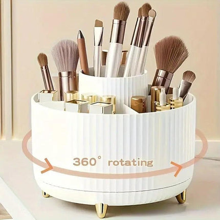 360° Rotating Multi-Compartment Makeup Brush Holder: Luxurious Vertical Texture with Golden Feet Design, Scientifically Organized Storage, One Cylinder to Tidy Your Vanity Table..
