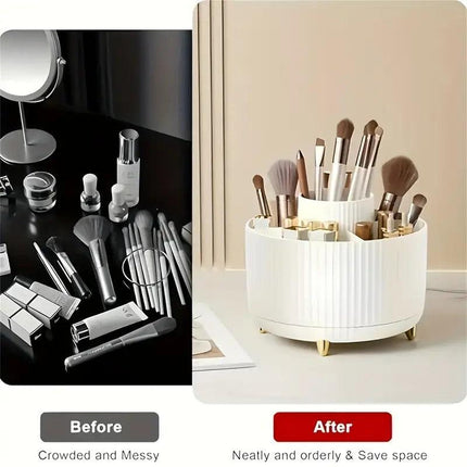 360° Rotating Multi-Compartment Makeup Brush Holder: Luxurious Vertical Texture with Golden Feet Design, Scientifically Organized Storage, One Cylinder to Tidy Your Vanity Table..