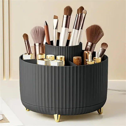 360° Rotating Multi-Compartment Makeup Brush Holder: Luxurious Vertical Texture with Golden Feet Design, Scientifically Organized Storage, One Cylinder to Tidy Your Vanity Table..