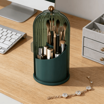 Transparent Rotating Makeup Brush Holder: 360° Rotation for Easy Access, Dust-Proof with Compartments, Neat and Portable(Transparent gray）.