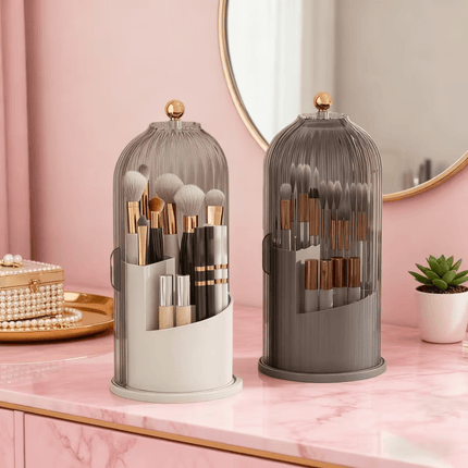 Transparent Rotating Makeup Brush Holder: 360° Rotation for Easy Access, Dust-Proof with Compartments, Neat and Portable(Transparent gray）.