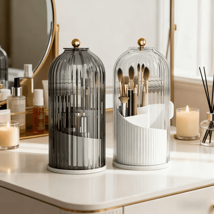 Transparent Rotating Makeup Brush Holder: 360° Rotation for Easy Access, Dust-Proof with Compartments, Neat and Portable(Transparent gray）.