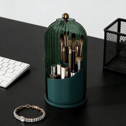 Transparent Rotating Makeup Brush Holder: 360° Rotation for Easy Access, Dust-Proof with Compartments, Neat and Portable(Transparent gray）.