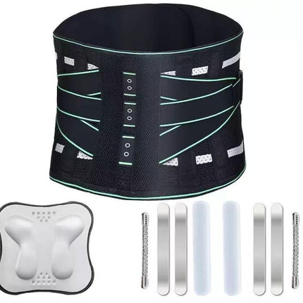 Lumbar Support Belt, featuring 8X Enhanced Lumbar Support, designed with a 3D massage pad, unisex back support strap, breathable and adjustable shoulder straps, available in green.（Size M）.