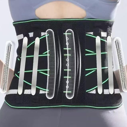 Lumbar Support Belt, featuring 8X Enhanced Lumbar Support, designed with a 3D massage pad, unisex back support strap, breathable and adjustable shoulder straps, available in green.（Size L）.