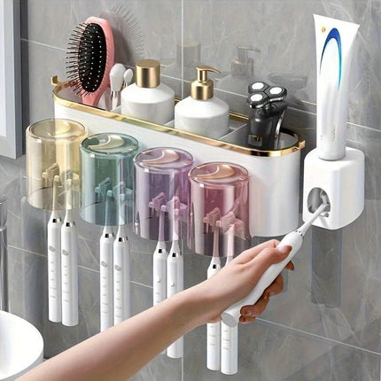 4-in-1 White(four people) Wall-Mounted Toothbrush Holder | Toothbrush Storage/Toothpaste Dispenser/Storage Shelf/Anti-Mildew Drainage - Bathroom Organization Upgrade.