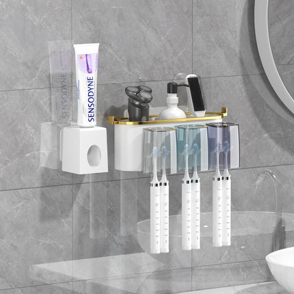 4-in-1White(three people) Wall-Mounted Toothbrush Holder | Toothbrush Storage/Toothpaste Dispenser/Storage Shelf/Anti-Mildew Drainage - Bathroom Organization Upgrade.