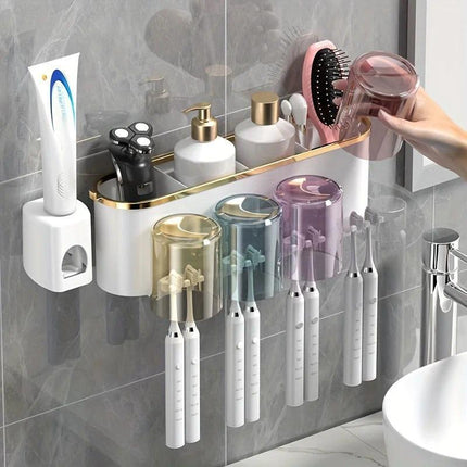 4-in-1White(three people) Wall-Mounted Toothbrush Holder | Toothbrush Storage/Toothpaste Dispenser/Storage Shelf/Anti-Mildew Drainage - Bathroom Organization Upgrade.