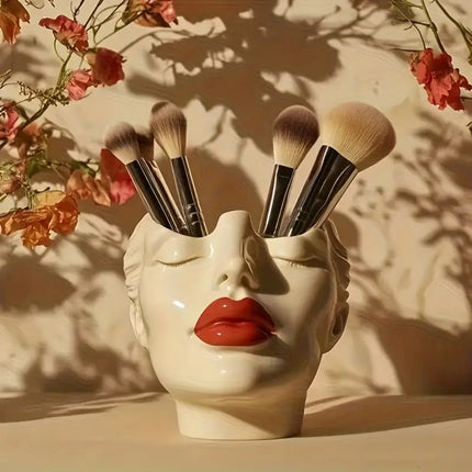 1 Piece Elegant Resin Makeup Brush Holder with Red Lips Design - Lightweight Synthetic Cosmetics Organizer Box, Standalone Desktop Storage Case for Bathroom or Dressing Table.Aesthetic "Gazing Lips" Resin Makeup Brush Holder — A Sculptural Vanity Tray for.