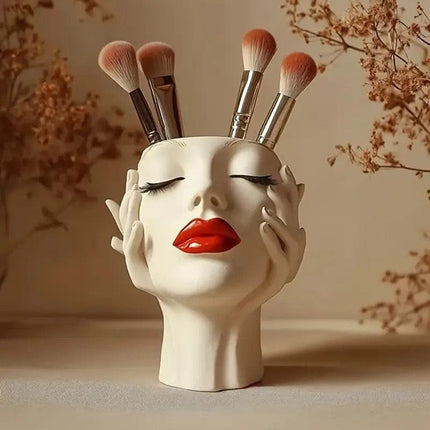 1 Piece Elegant Resin Makeup Brush Holder with Red Lips Design - Lightweight Synthetic Cosmetics Organizer Box, Standalone Desktop Storage Case for Bathroom or Dressing Table.Aesthetic "Gazing Lips" Resin Makeup Brush Holder — A Sculptural Vanity Tray for.