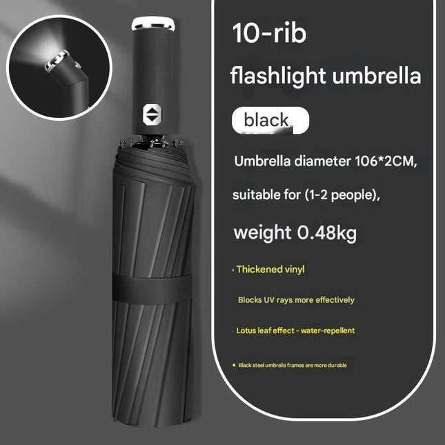 Black Reinforced Black Coating Umbrella, featuring a 10-rib black steel frame for durability, approximately 106cm in diameter, lightweight and portable. Combines lotus-effect water repellency with strong UV protection, an ideal companion for 1–2 people on.