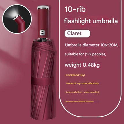 Wine Red Reinforced Black Coating Umbrella, featuring a 10-rib black steel frame for durability, approximately 106cm in diameter, lightweight and portable. Combines lotus-effect water repellency with strong UV protection, an ideal companion for 1–2 people.