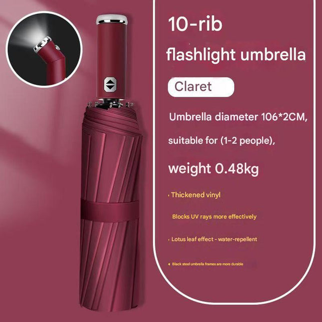 Wine Red Reinforced Black Coating Umbrella, featuring a 10-rib black steel frame for durability, approximately 106cm in diameter, lightweight and portable. Combines lotus-effect water repellency with strong UV protection, an ideal companion for 1–2 people.