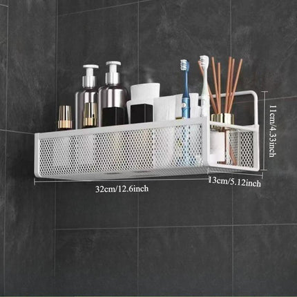 Wrought Iron Bathroom Storage Basket, Wall-Mounted Self-Adhesive Toothbrush Holder, Cosmetic & Condiment Shower Shelves, Kitchen & Bathroom Decorative Accessories/ WHITE.