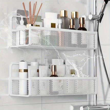 Wrought Iron Bathroom Storage Basket, Wall-Mounted Self-Adhesive Toothbrush Holder, Cosmetic & Condiment Shower Shelves, Kitchen & Bathroom Decorative Accessories/ WHITE.