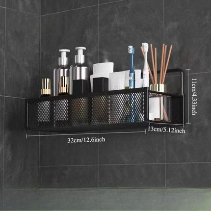 Wrought Iron Bathroom Storage Basket, Wall-Mounted Self-Adhesive Toothbrush Holder, Cosmetic & Condiment Shower Shelves, Kitchen & Bathroom Decorative Accessories/ WHITE.